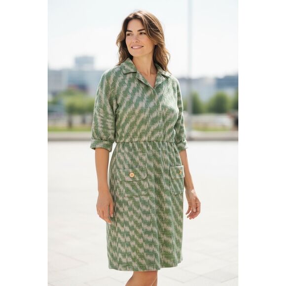 Vintage Fiandaca Couturier 8 Knee Length Dress Green Gold Ikat Zig Zag 60's Mod - Picture 16 of 16